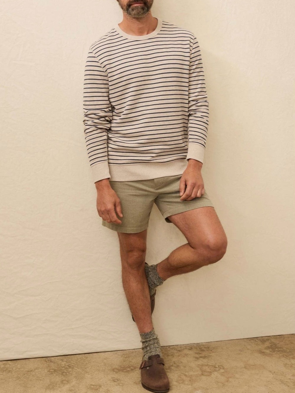 Nordstrom Beige Crewneck Extra Fine Merino Wool Sweater with Navy Stripes